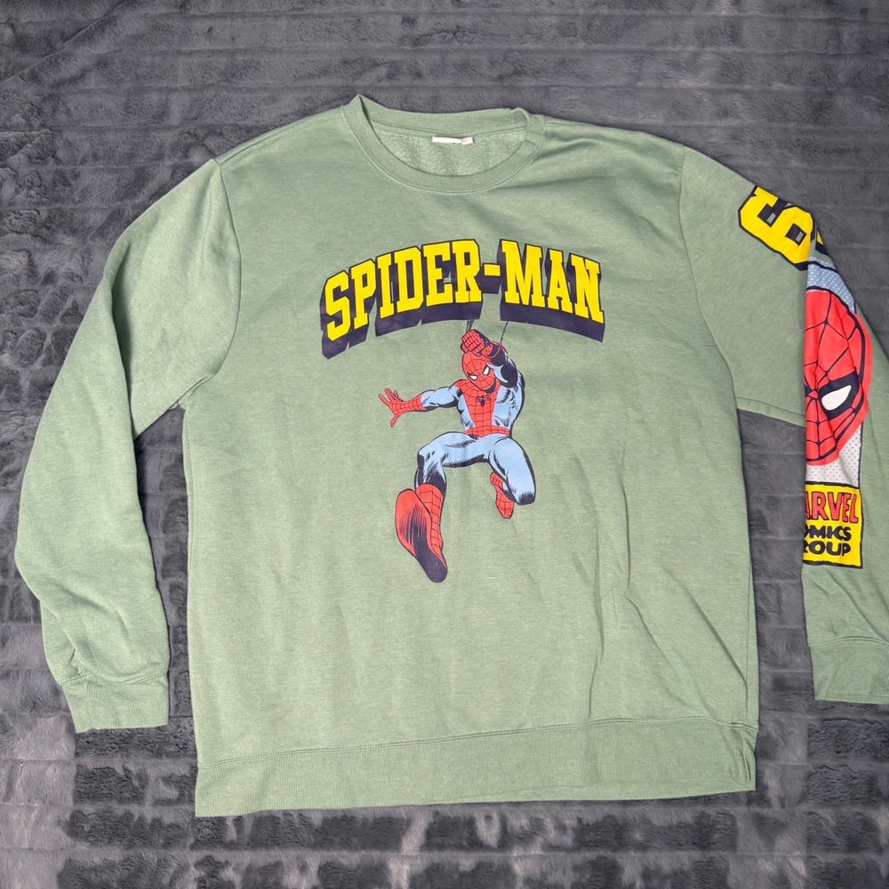 Marvel Spider-Man Graphic Sweatshirt Mens XL Sage Green Crewneck Sleeve Print